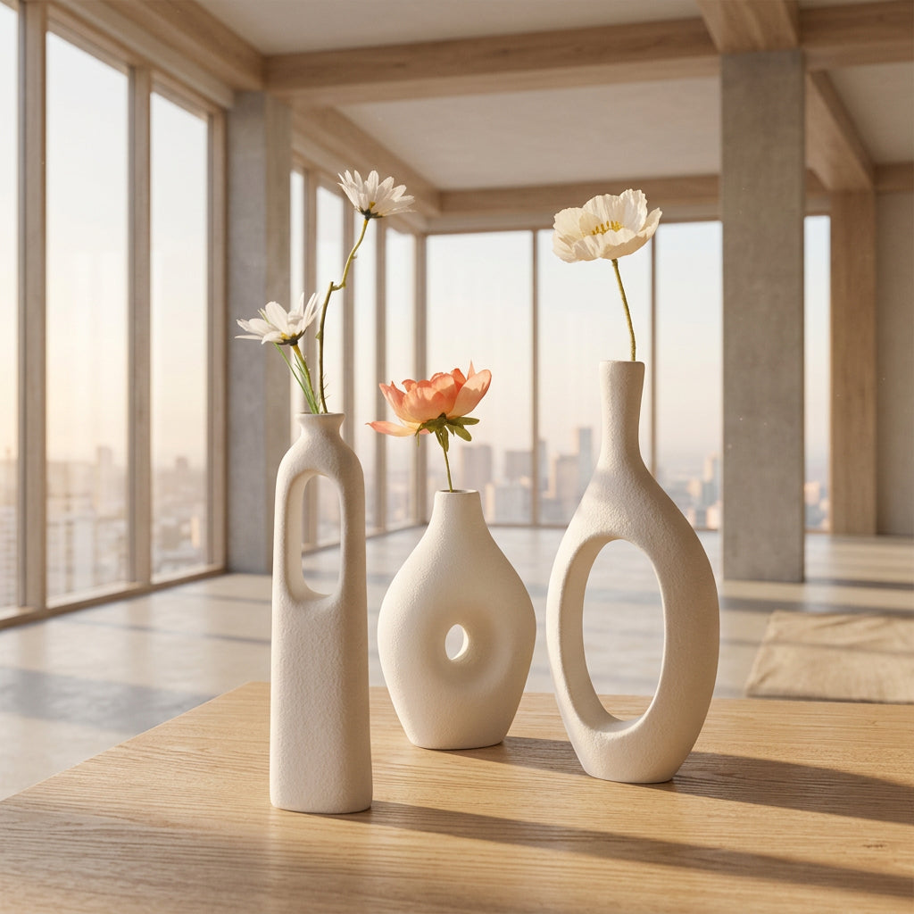 Vasi decorativi bianchi dal design moderno con composizioni floreali