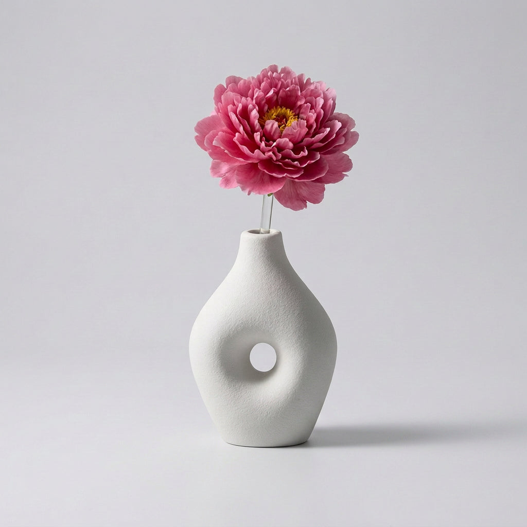 Vaso bianco dalla forma organica con fiore rosa su base in legno
Copy alt text