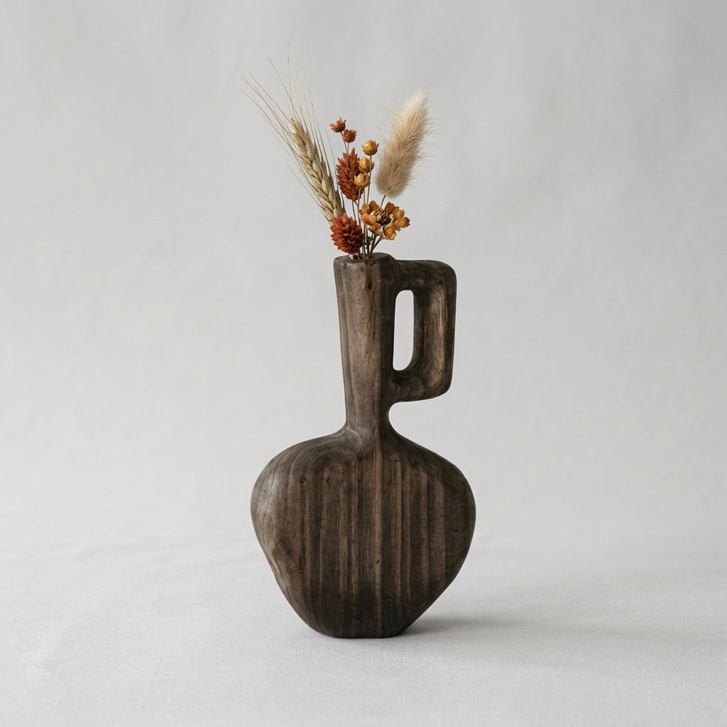 Vaso decorativo in legno scuro con manico integrato e composizione di fiori secchi