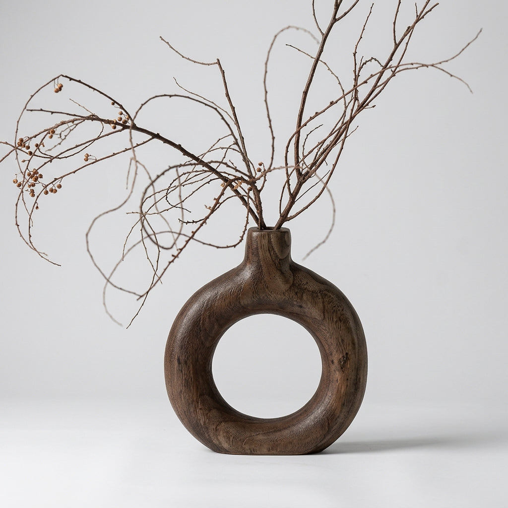 Vaso decorativo in legno scuro con apertura circolare e rami secchi ornamentali
