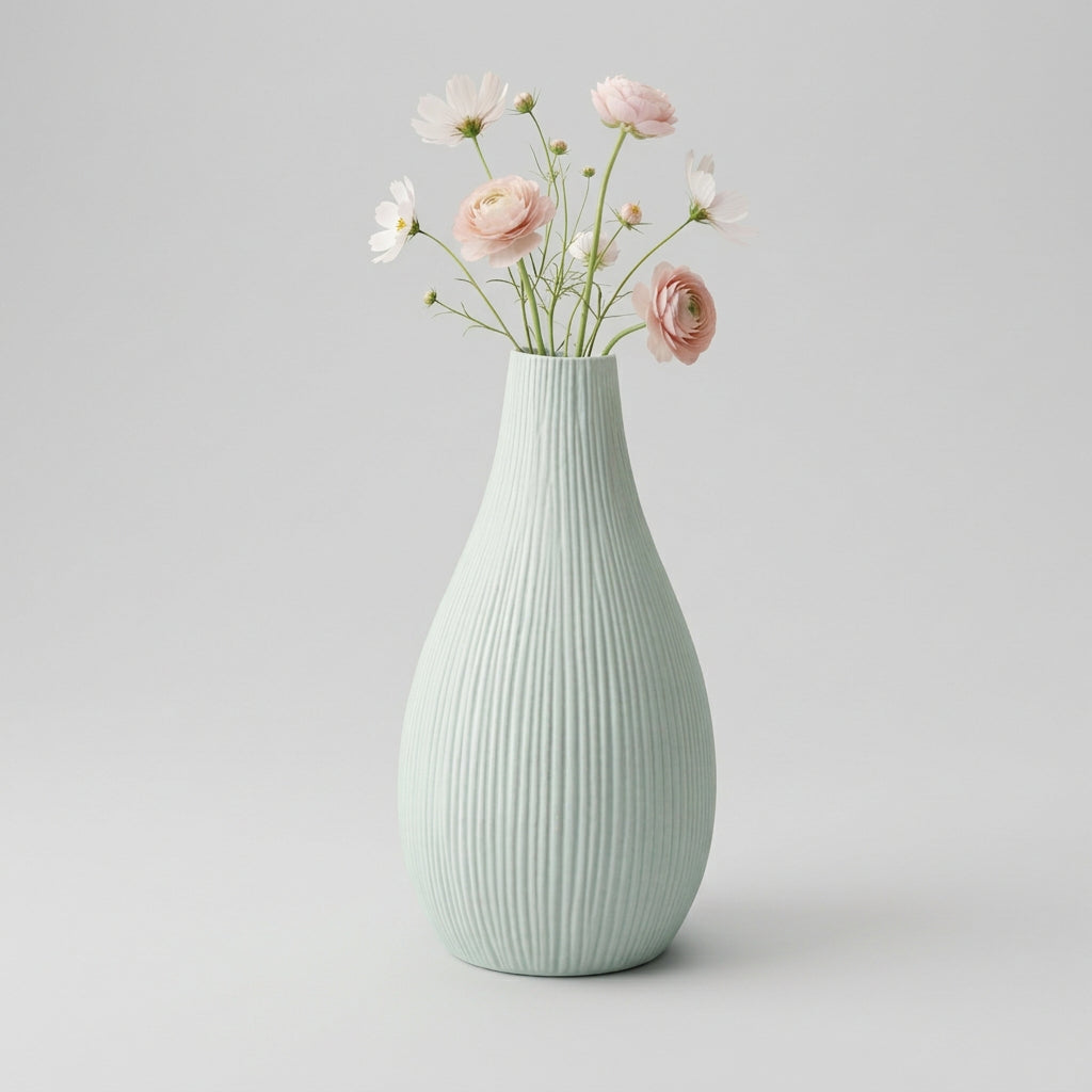 Vaso decorativo verde chiaro con rigature verticali e fiori rosa e bianchi
